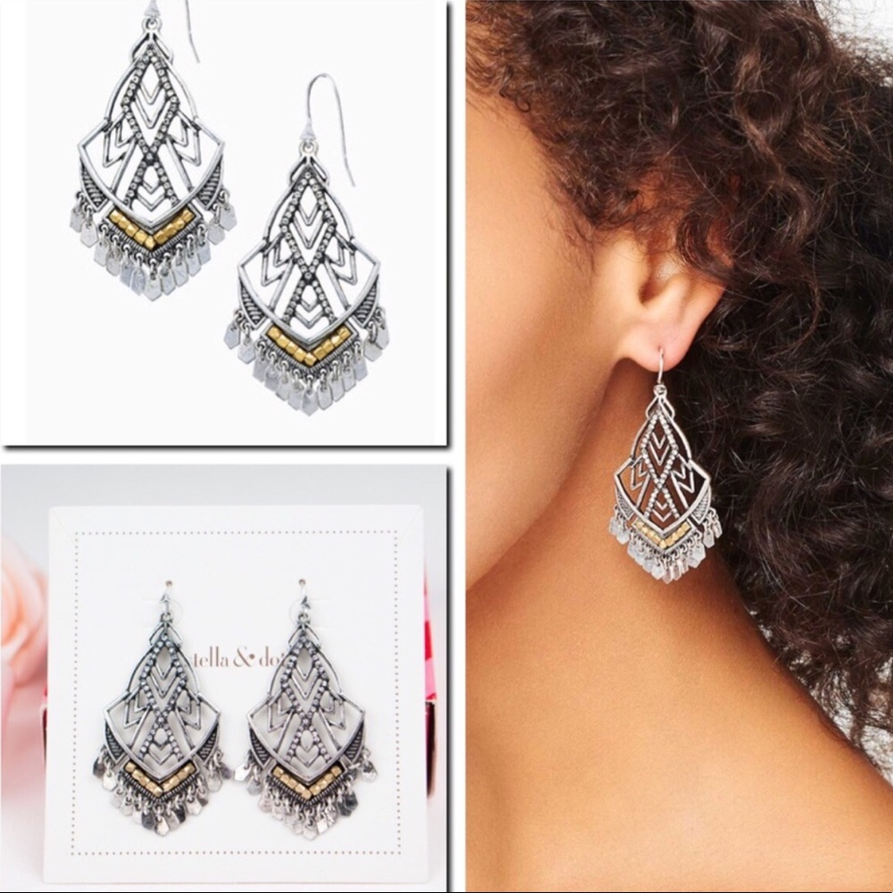 Stella & Dot ‘Retired’ Silver+Gold Shimmering Disc Etoile Chandelier Earrings - Picture 4 of 6